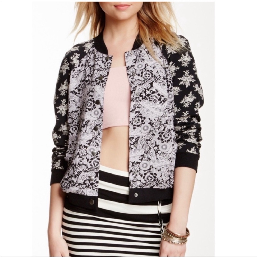 Free People Floral Print Baseball Bomber Jacket Black Cream Lavender - XS